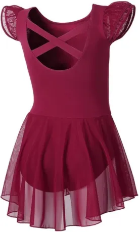 DIPUG Ballet Leotards for Girls Ballet Leotard with Skirt Toddler Dance Leotards Flutter Sleeve and Criss-Cross Back