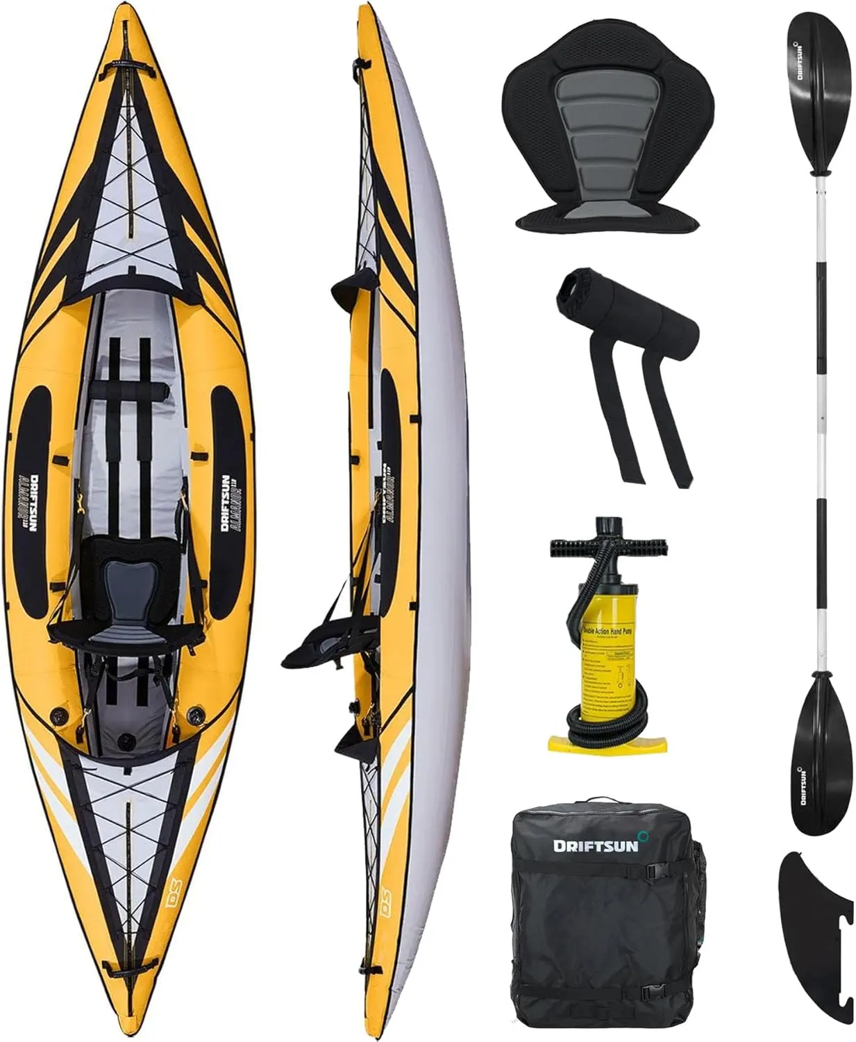 Driftsun Almanor Inflatable Kayak - Inflatable Touring Kayak - 1 & 2 Person Kayaks for Adults with EVA Padded Seats, High Back Support, Paddles, Pump