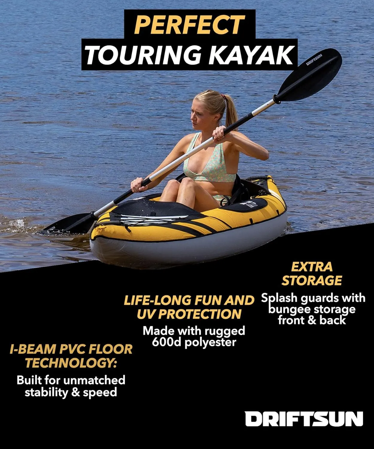 Driftsun Almanor Inflatable Kayak - Inflatable Touring Kayak - 1 & 2 Person Kayaks for Adults with EVA Padded Seats, High Back Support, Paddles, Pump