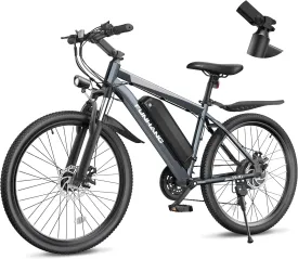 Electric Bike for Adults, 26'' 1000W Peak Ebike, Up to 50 Miles 21.7MPH Electric Mountain Bike with 48V 374.4WH Removable Battery, Adjustable Stem, Fenders, Lockable Suspension Fork, 21-Speed