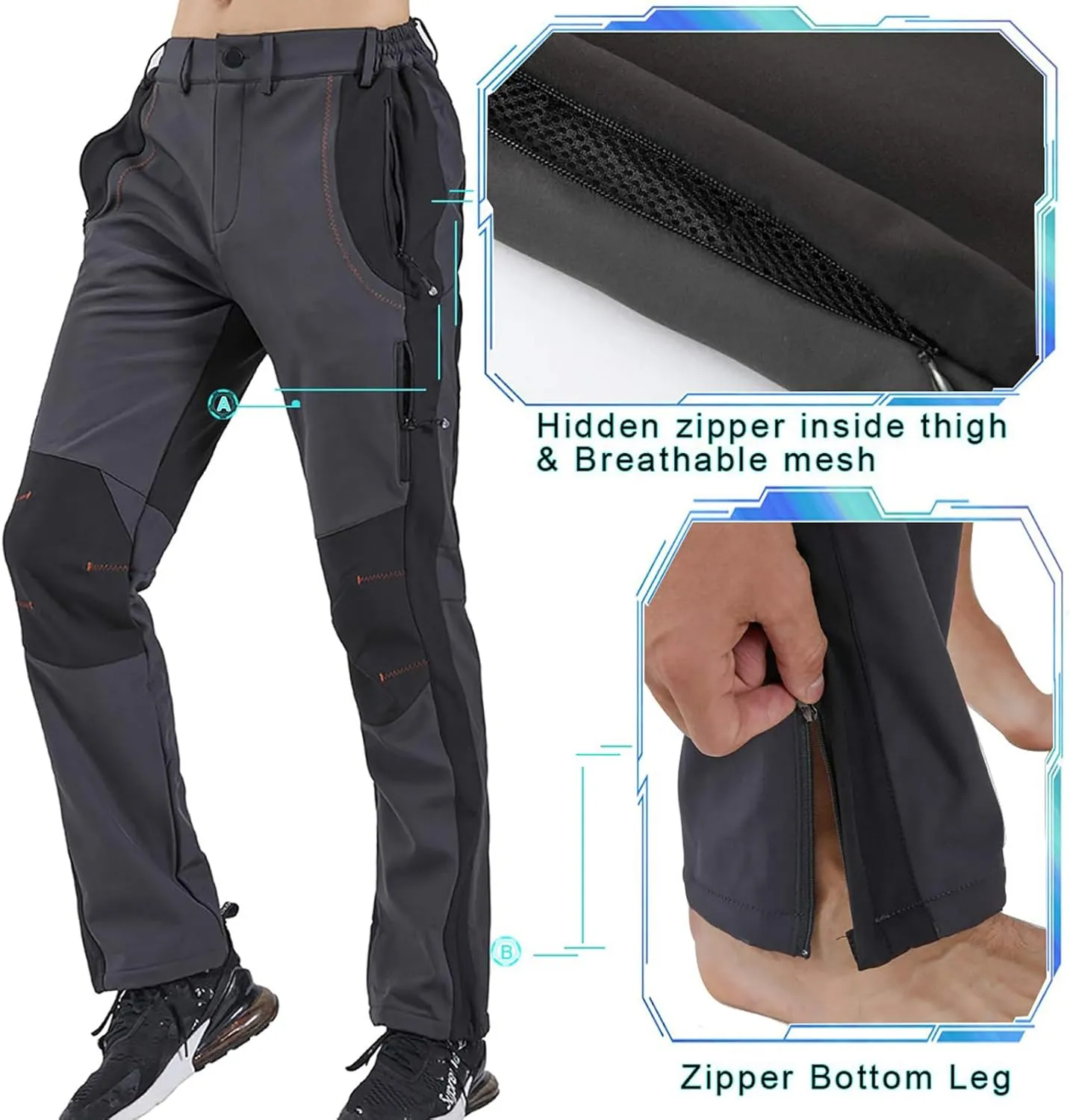 Gash Hao Men's Snow Ski Pants Waterproof Insulated Snowboard Pants Breathable Mesh Fleece Lined Zipper Bottom Ankle