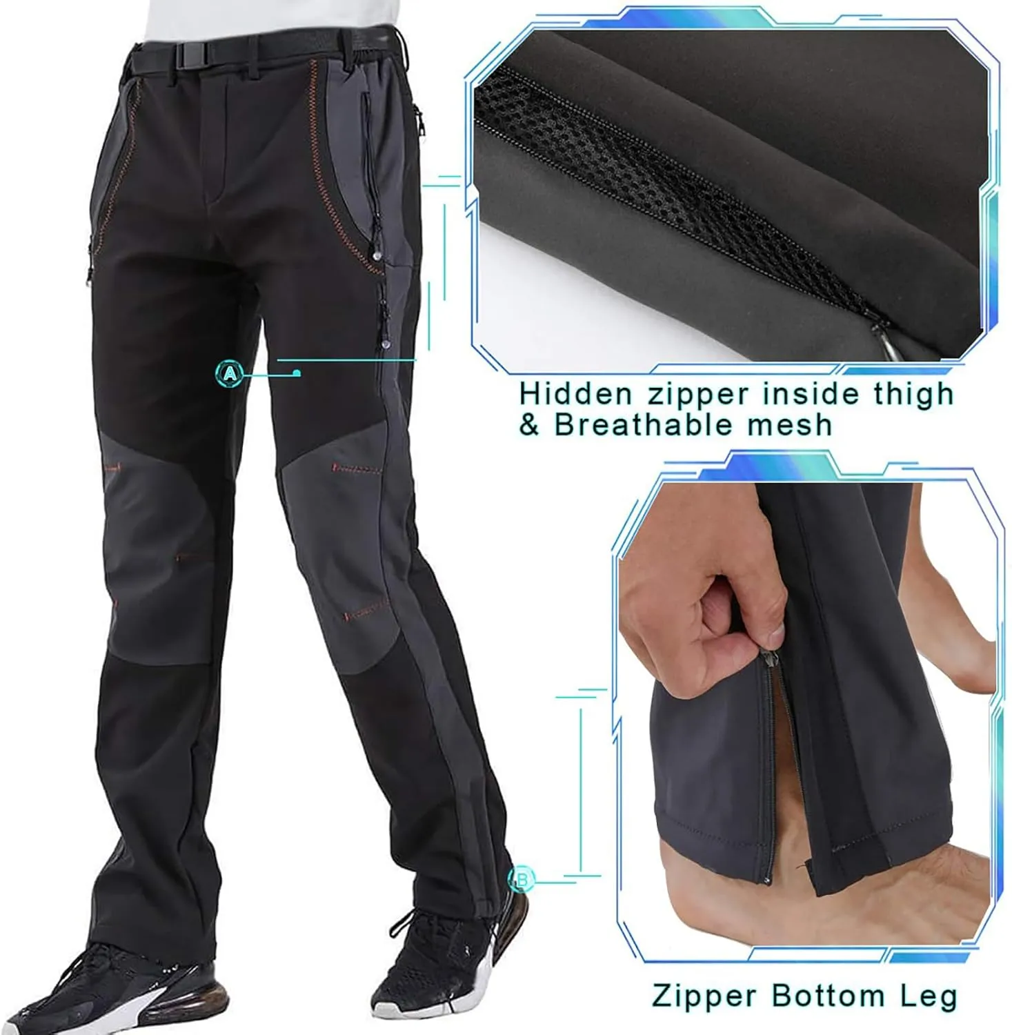 Gash Hao Men's Snow Ski Pants Waterproof Insulated Snowboard Pants Breathable Mesh Fleece Lined Zipper Bottom Ankle