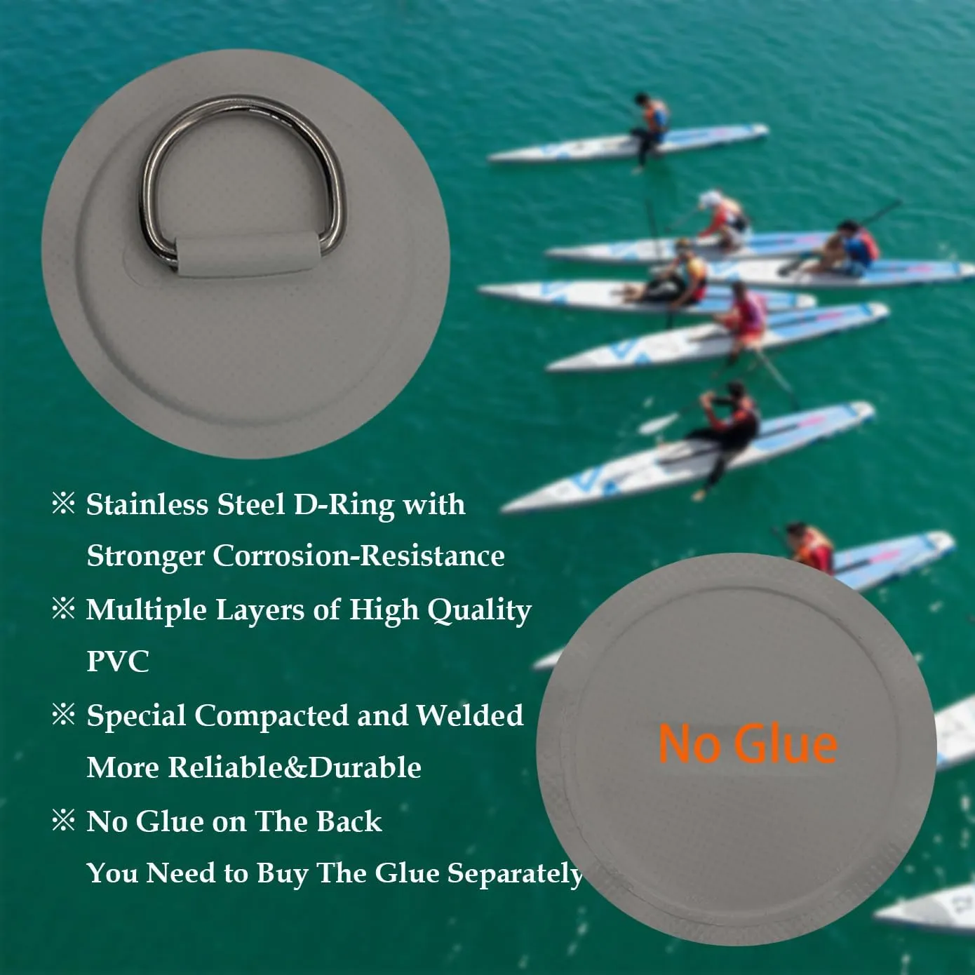 Golden Muhe 6 Pcs Stainless Steel D-Ring PVC Patch & Elastic Bungee Shock Cord for Sup Kayak Paddleboard Inflatable Boat