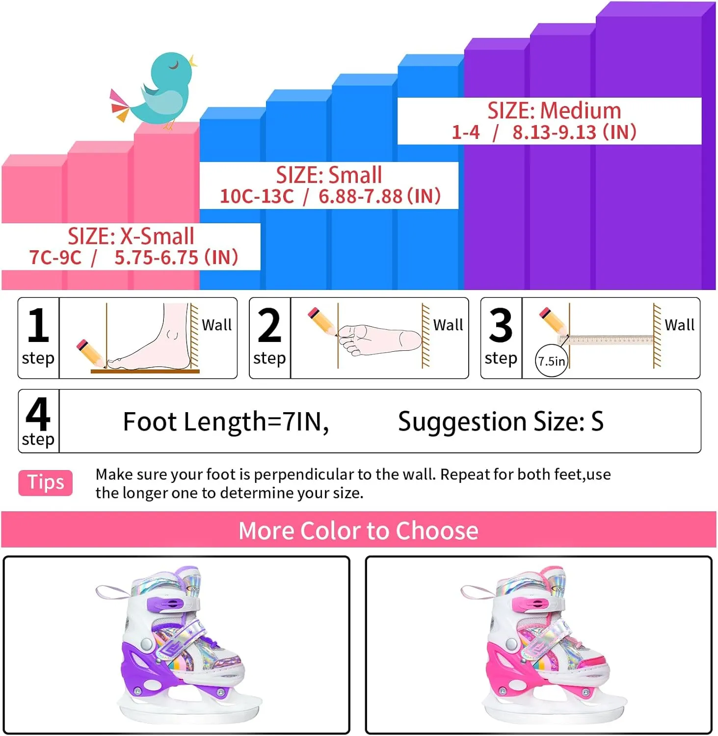 Nattork Adjustable Ice Skates for Kids - Purple Rainbow