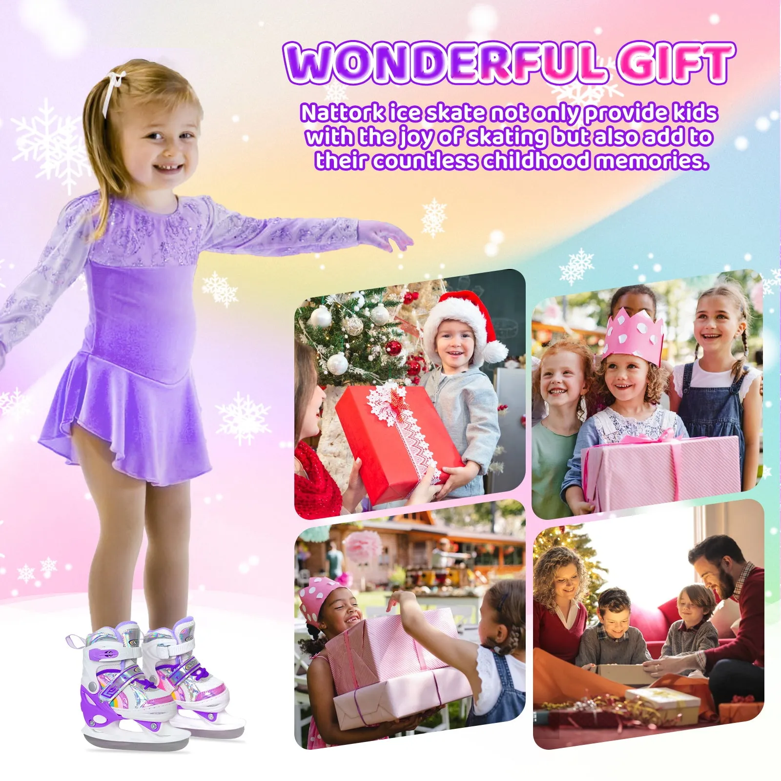 Nattork Adjustable Ice Skates for Kids - Purple Rainbow