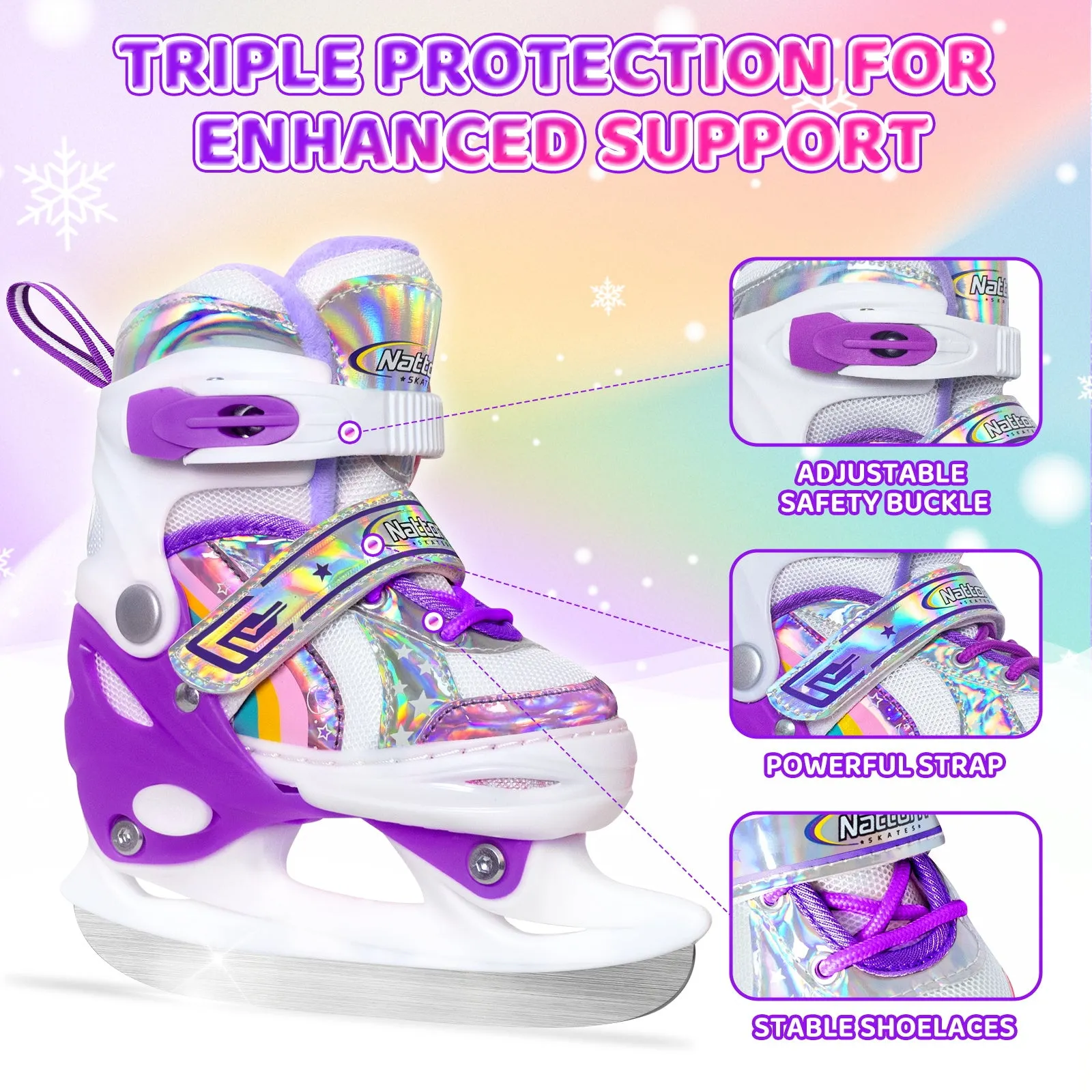 Nattork Adjustable Ice Skates for Kids - Purple Rainbow