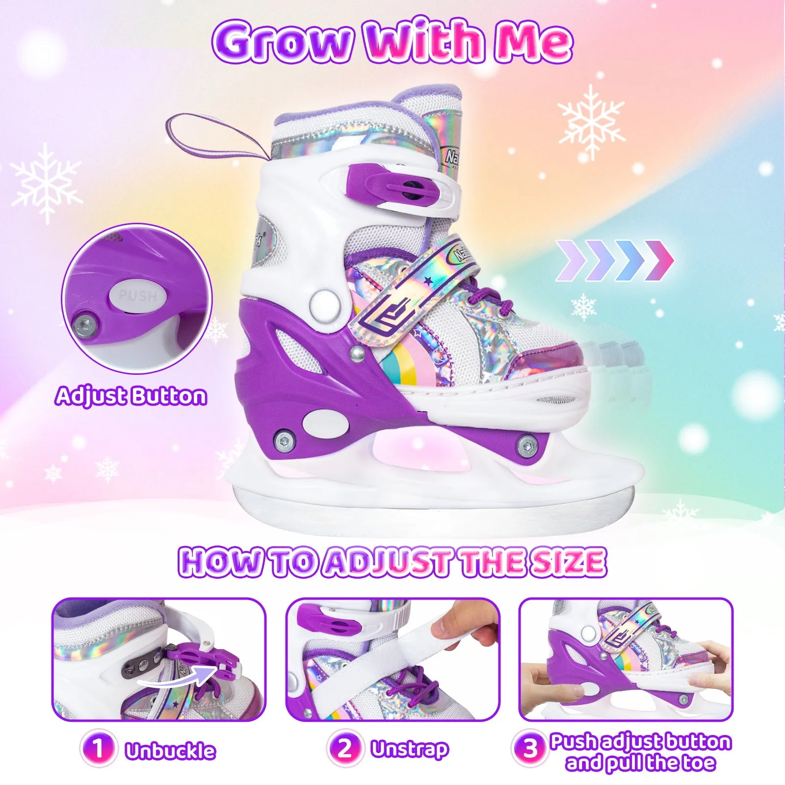 Nattork Adjustable Ice Skates for Kids - Purple Rainbow