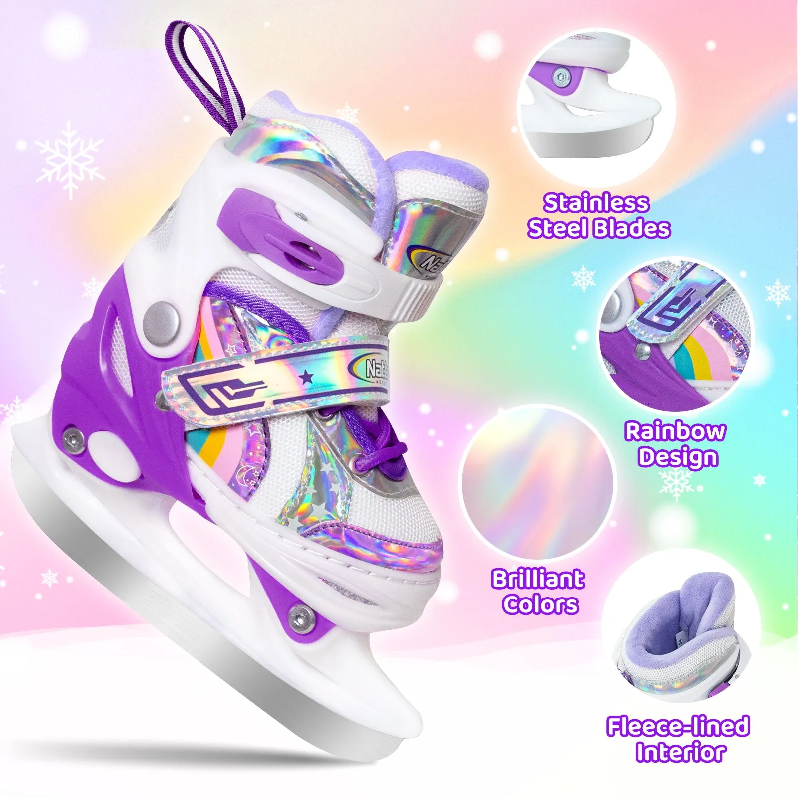 Nattork Adjustable Ice Skates for Kids - Purple Rainbow