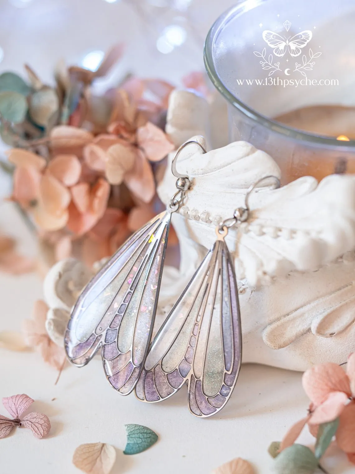 Stained glass inspired white dragonfly wing earrings