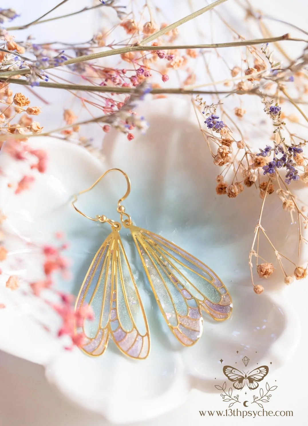Stained glass inspired white dragonfly wing earrings