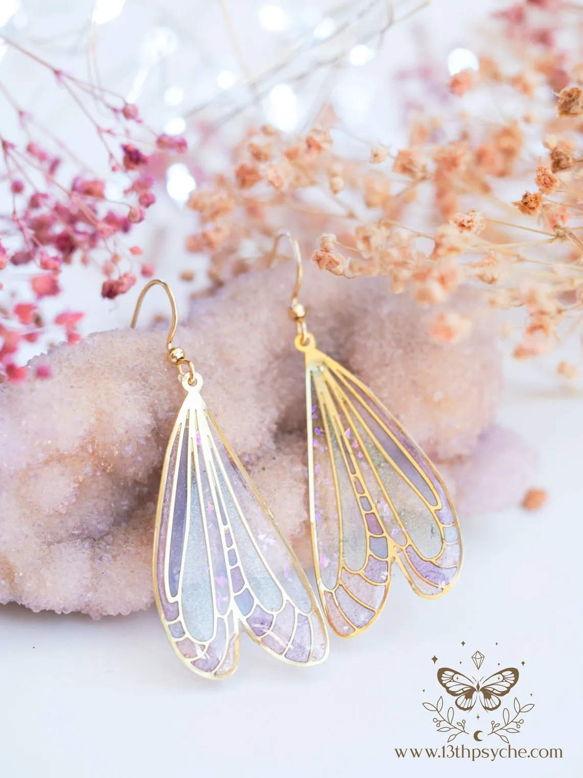 Stained glass inspired white dragonfly wing earrings
