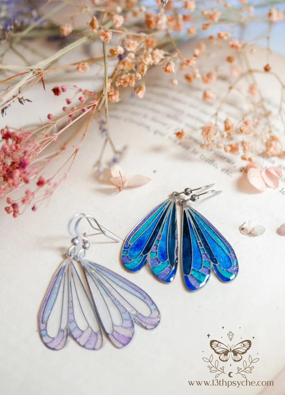 Stained glass inspired white dragonfly wing earrings