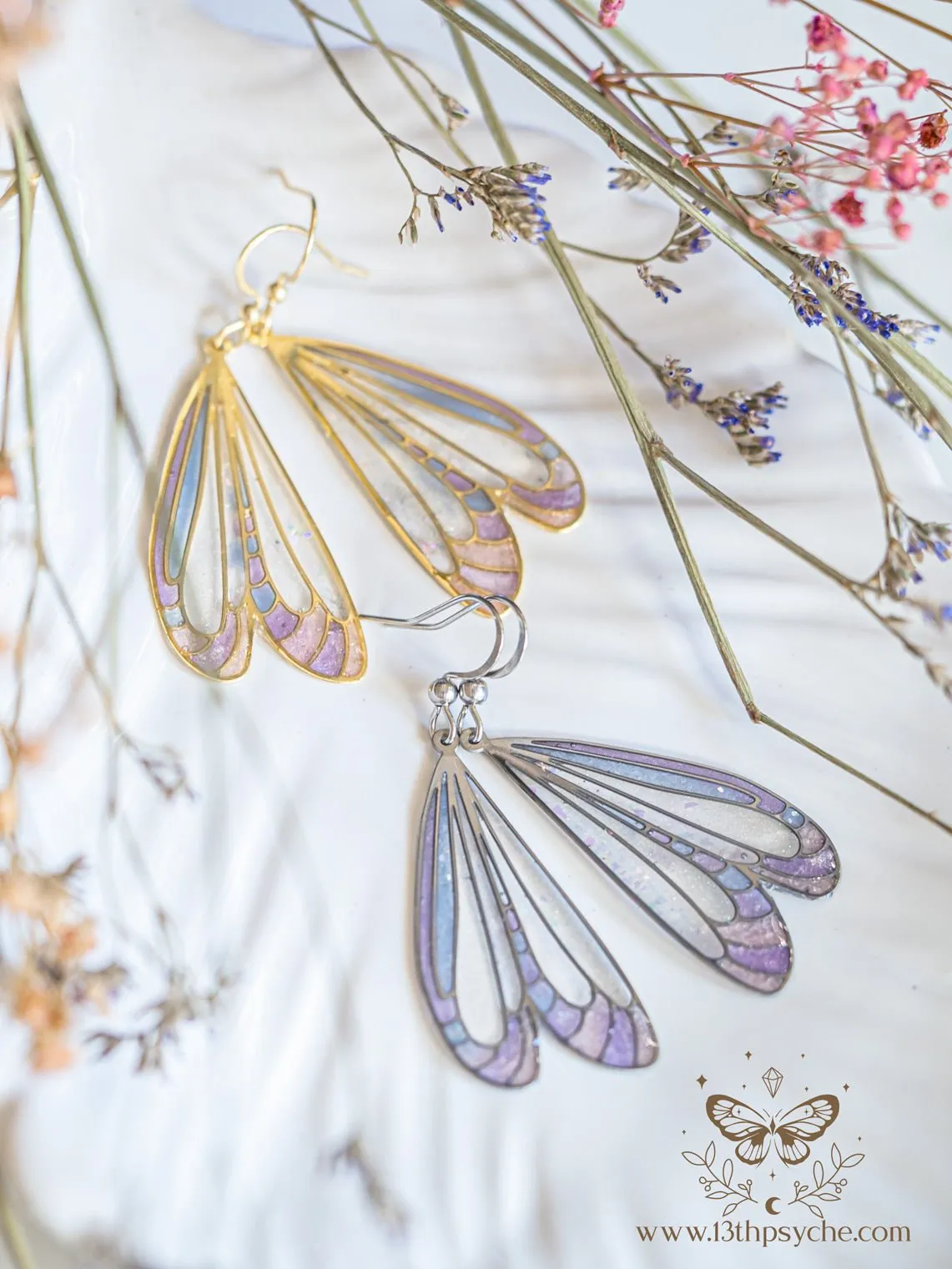 Stained glass inspired white dragonfly wing earrings