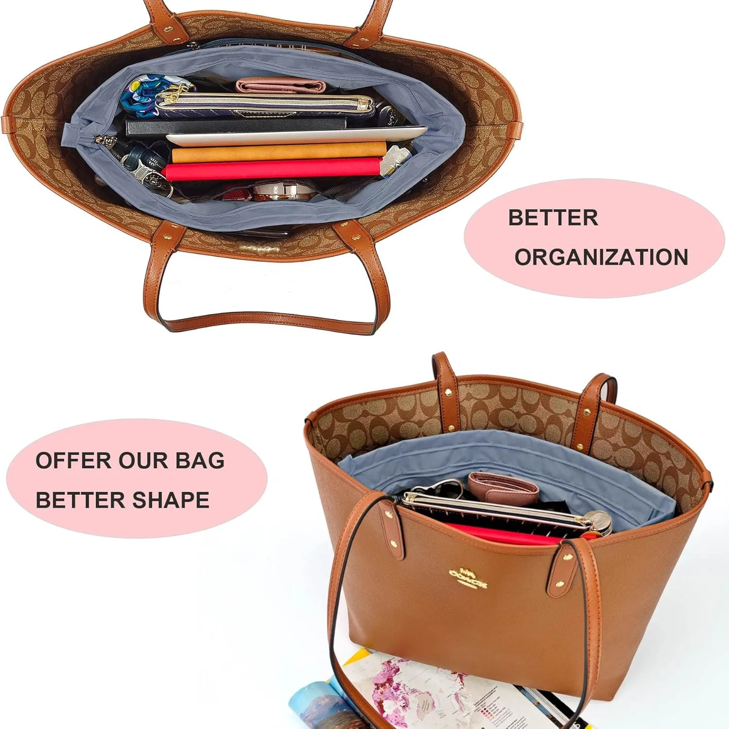 Time Wing Handbag Tote Purse Organizer Insert Bag Liner Shaper Divider Zipper 11 Pockets Compartments X Large Grey