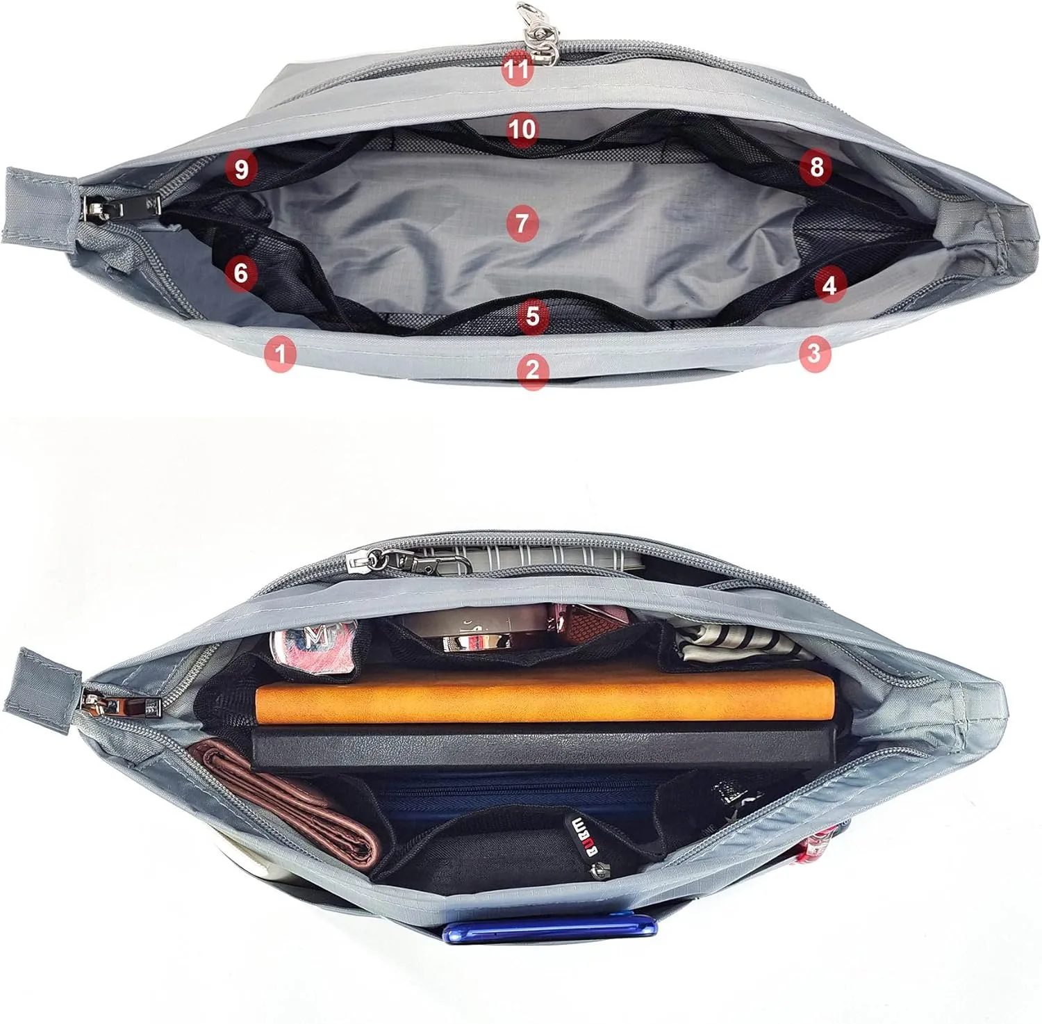 Time Wing Handbag Tote Purse Organizer Insert Bag Liner Shaper Divider Zipper 11 Pockets Compartments X Large Grey
