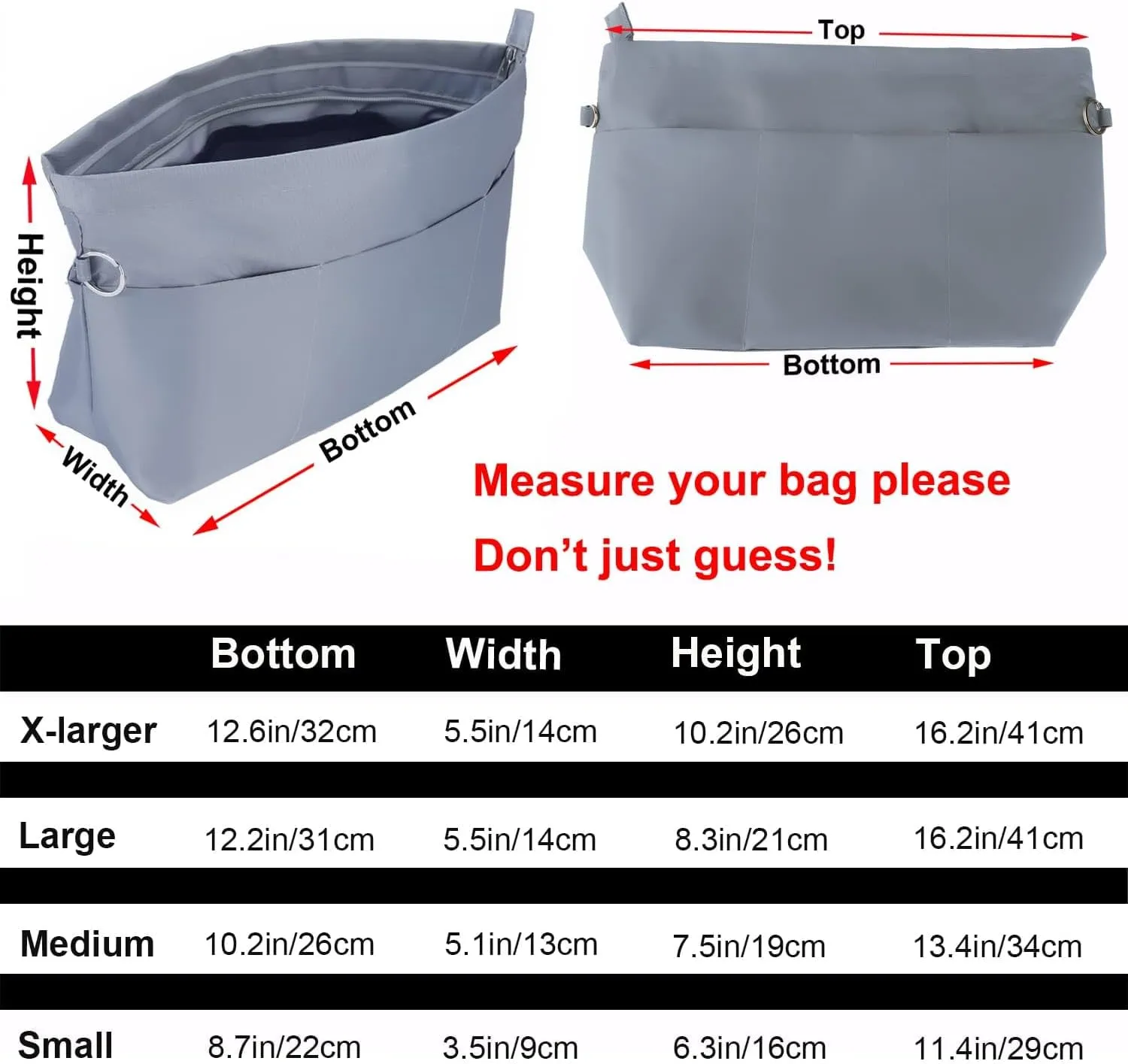 Time Wing Handbag Tote Purse Organizer Insert Bag Liner Shaper Divider Zipper 11 Pockets Compartments X Large Grey