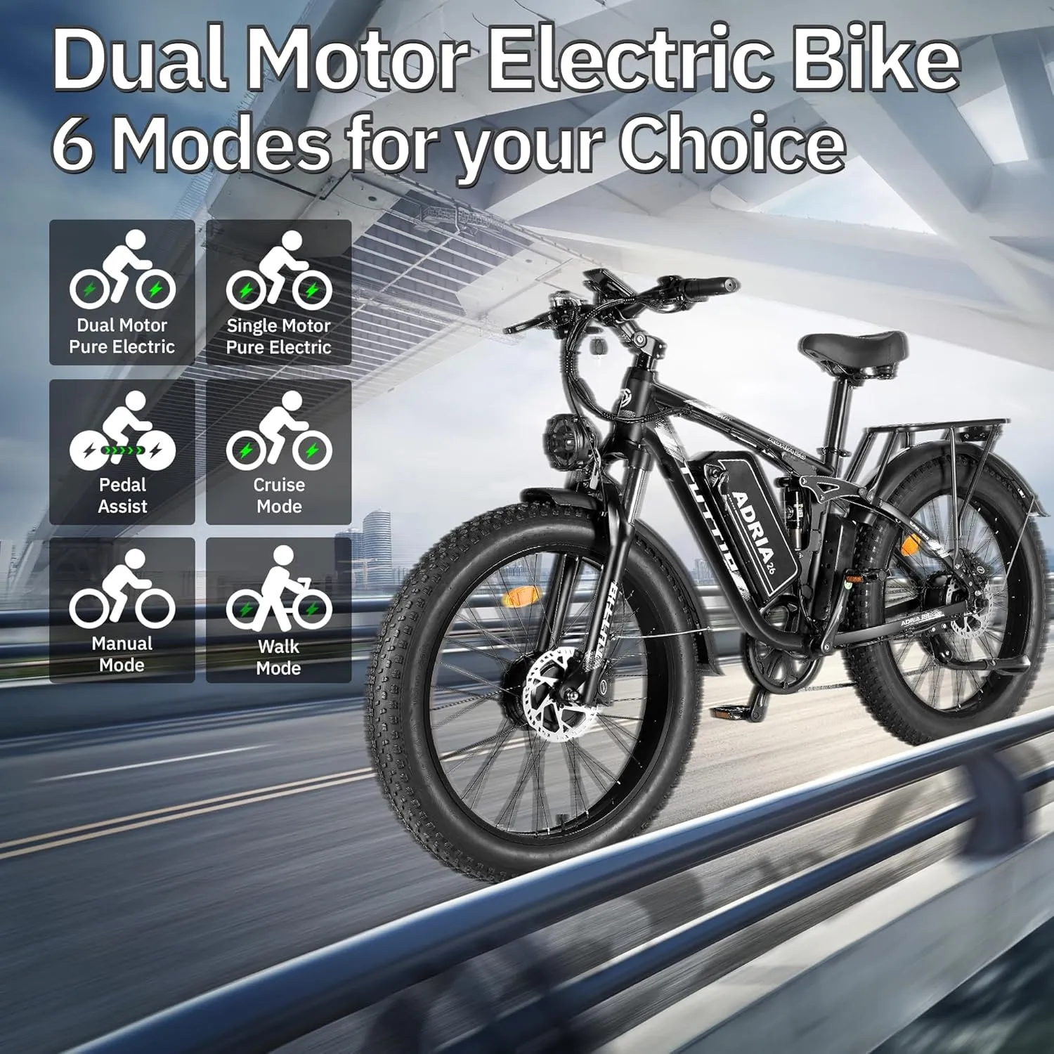 TUTTIO Electric-Bike for Adults-Men, Dual-Motor-Ebike 40-46MPH-Hunting-Ebike, 52V 30AH Long Range Dirtbike, 26" Fat-Tire-Electric-Bicycle, Full Suspension Mountain Bike for Off-Road Snow Sand