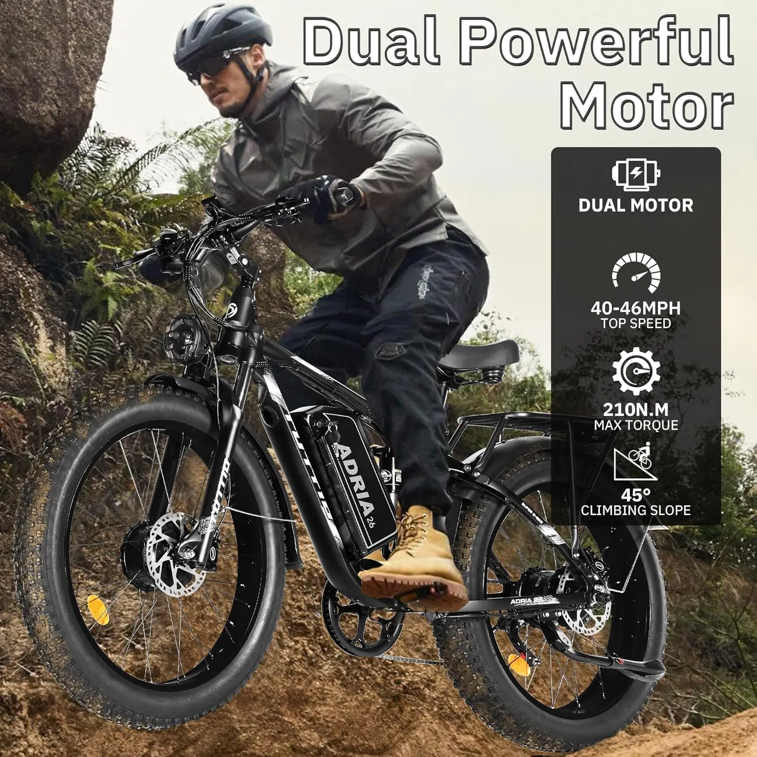 TUTTIO Electric-Bike for Adults-Men, Dual-Motor-Ebike 40-46MPH-Hunting-Ebike, 52V 30AH Long Range Dirtbike, 26" Fat-Tire-Electric-Bicycle, Full Suspension Mountain Bike for Off-Road Snow Sand