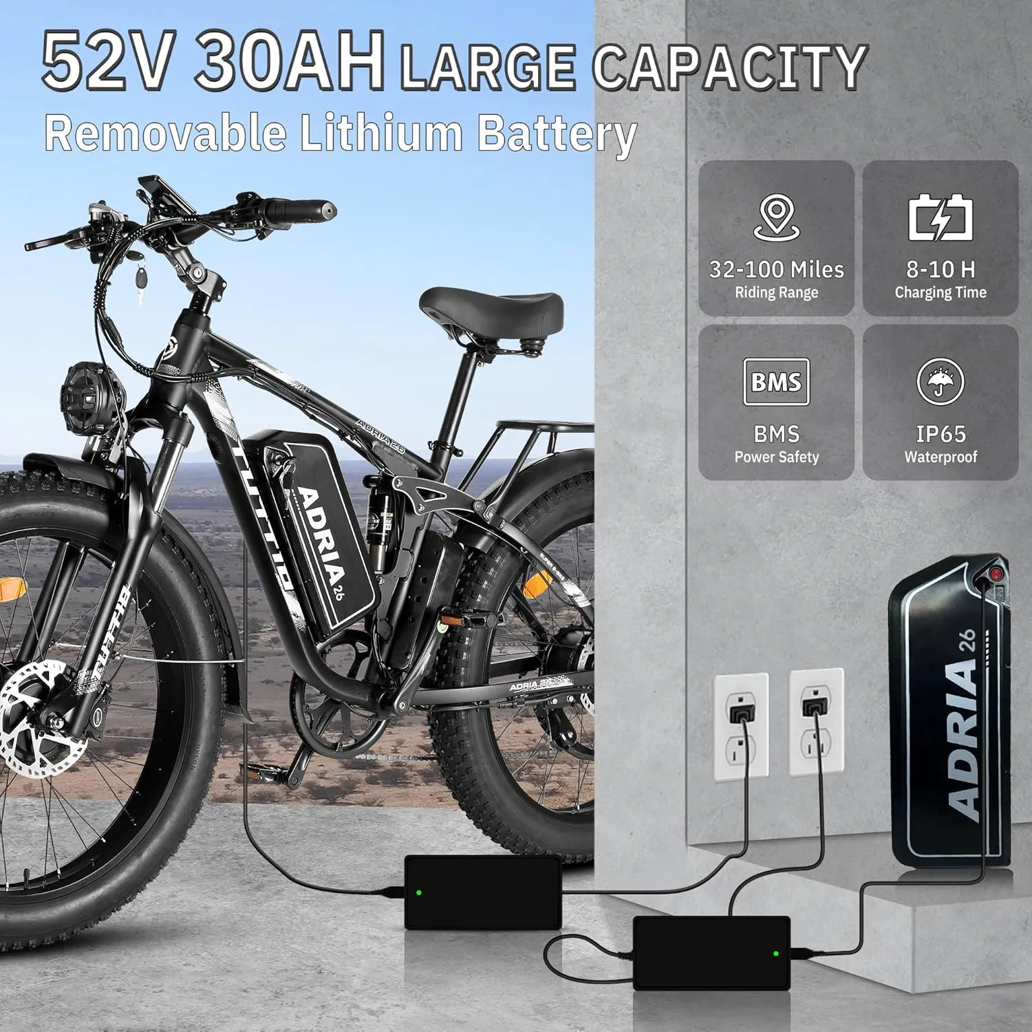 TUTTIO Electric-Bike for Adults-Men, Dual-Motor-Ebike 40-46MPH-Hunting-Ebike, 52V 30AH Long Range Dirtbike, 26" Fat-Tire-Electric-Bicycle, Full Suspension Mountain Bike for Off-Road Snow Sand