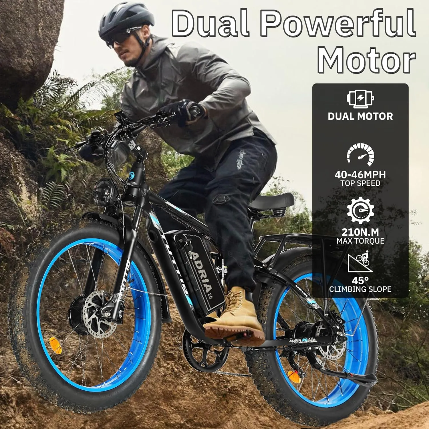 TUTTIO Electric-Bike for Adults-Men, Dual-Motor-Ebike 40-46MPH-Hunting-Ebike, 52V 30AH Long Range Dirtbike, 26" Fat-Tire-Electric-Bicycle, Full Suspension Mountain Bike for Off-Road Snow Sand