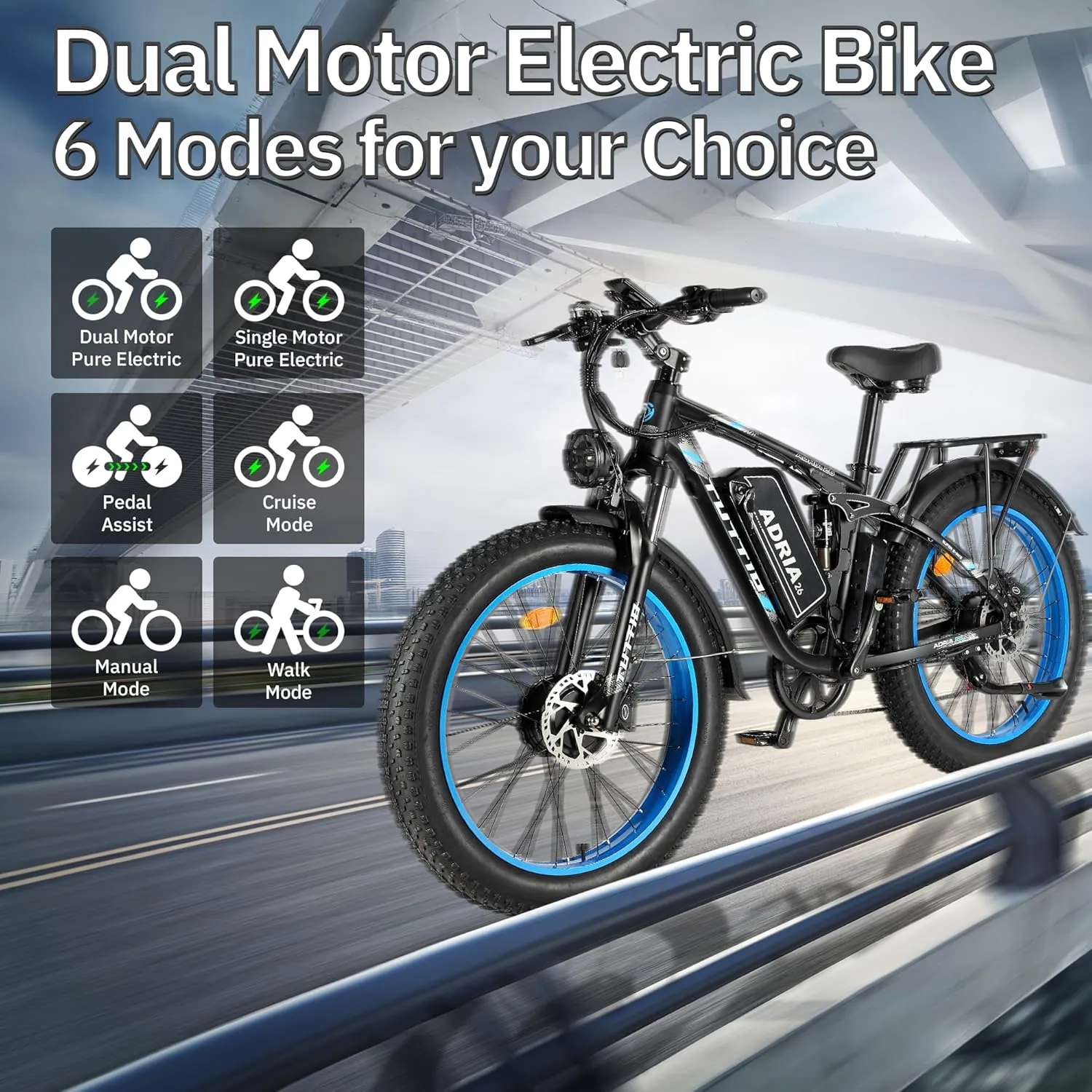 TUTTIO Electric-Bike for Adults-Men, Dual-Motor-Ebike 40-46MPH-Hunting-Ebike, 52V 30AH Long Range Dirtbike, 26" Fat-Tire-Electric-Bicycle, Full Suspension Mountain Bike for Off-Road Snow Sand