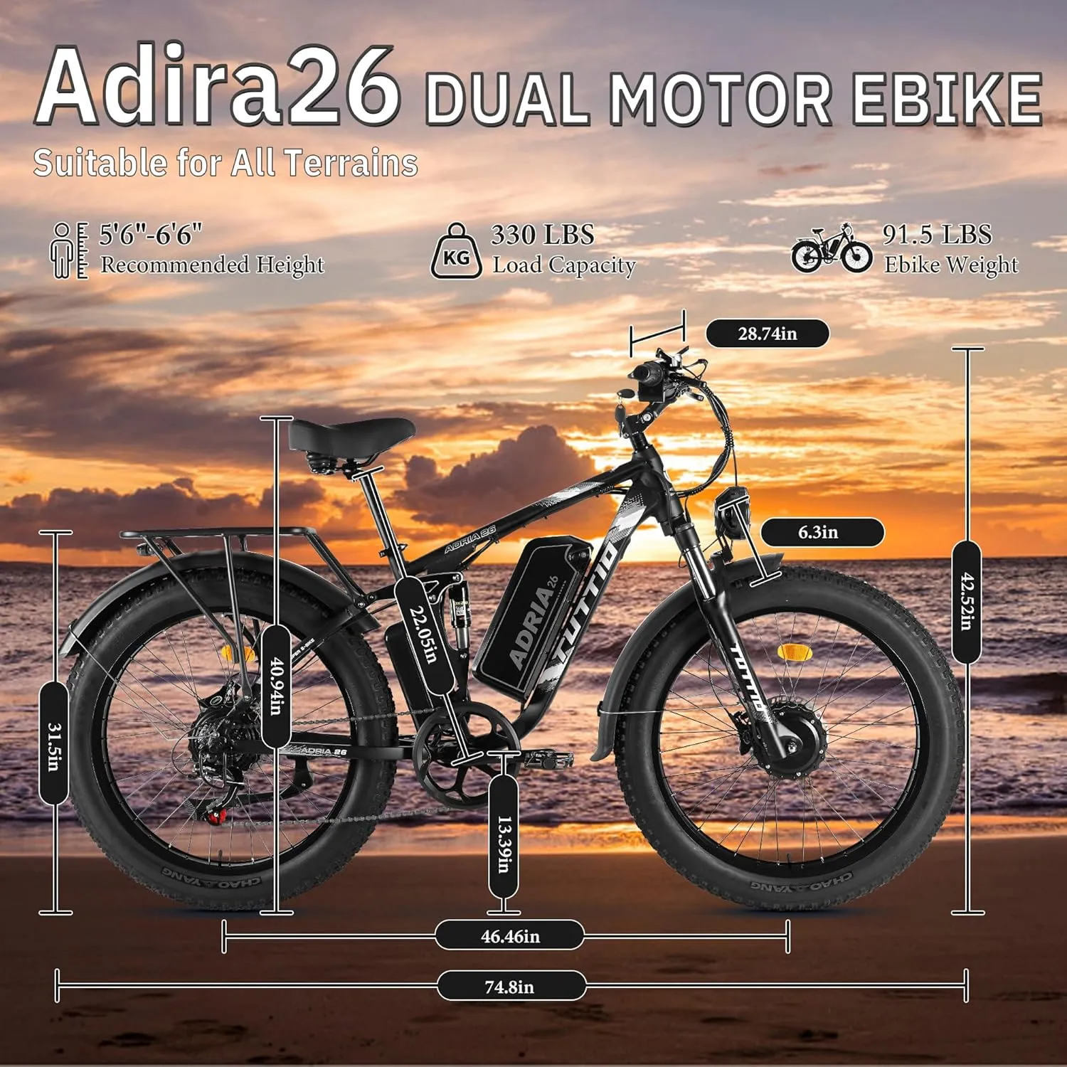 TUTTIO Electric-Bike for Adults-Men, Dual-Motor-Ebike 40-46MPH-Hunting-Ebike, 52V 30AH Long Range Dirtbike, 26" Fat-Tire-Electric-Bicycle, Full Suspension Mountain Bike for Off-Road Snow Sand
