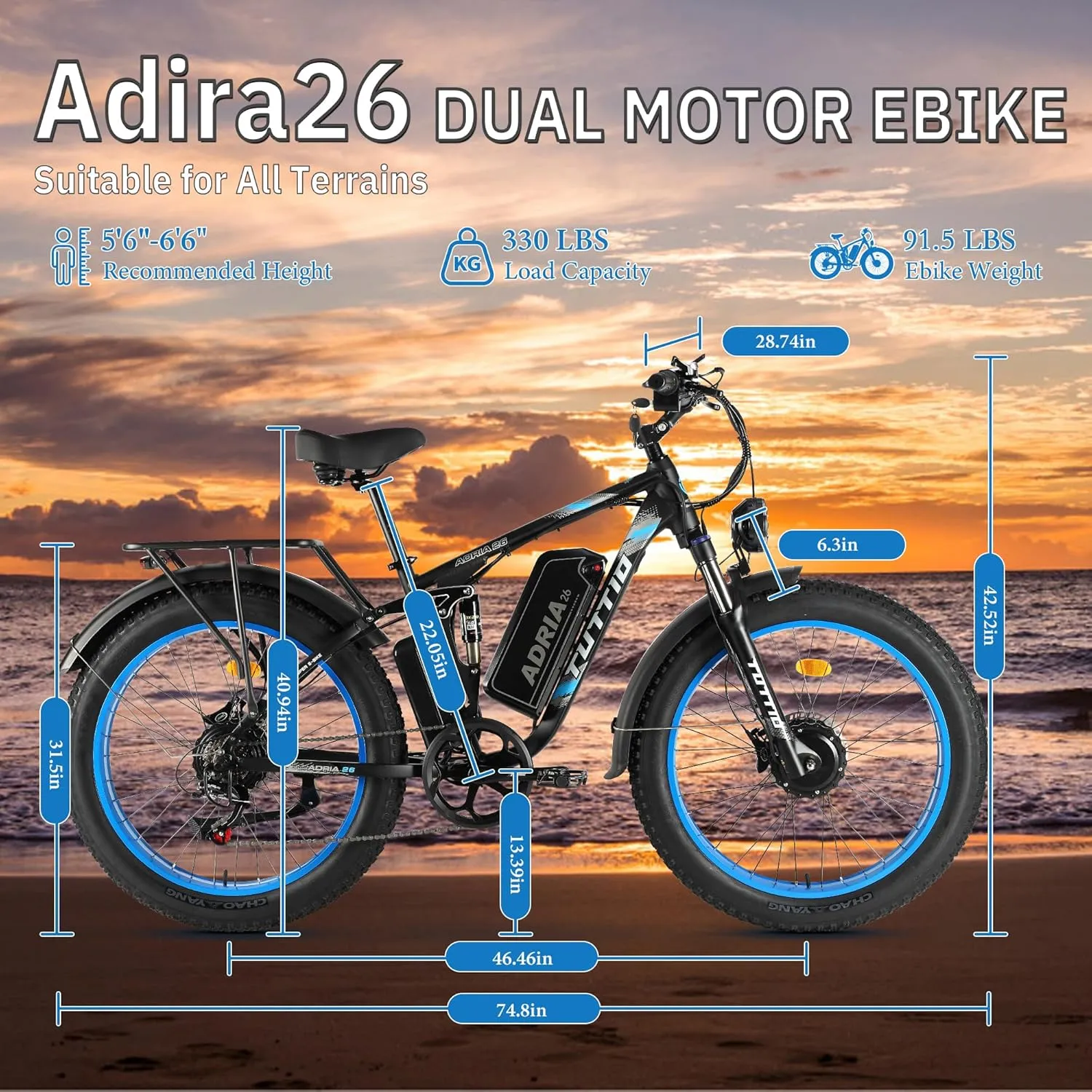 TUTTIO Electric-Bike for Adults-Men, Dual-Motor-Ebike 40-46MPH-Hunting-Ebike, 52V 30AH Long Range Dirtbike, 26" Fat-Tire-Electric-Bicycle, Full Suspension Mountain Bike for Off-Road Snow Sand