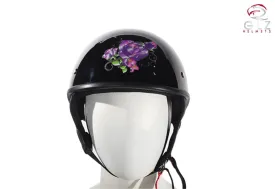 Womens Shiny Black DOT Approved Motorcycle Helmet W/ Purple Rose Design